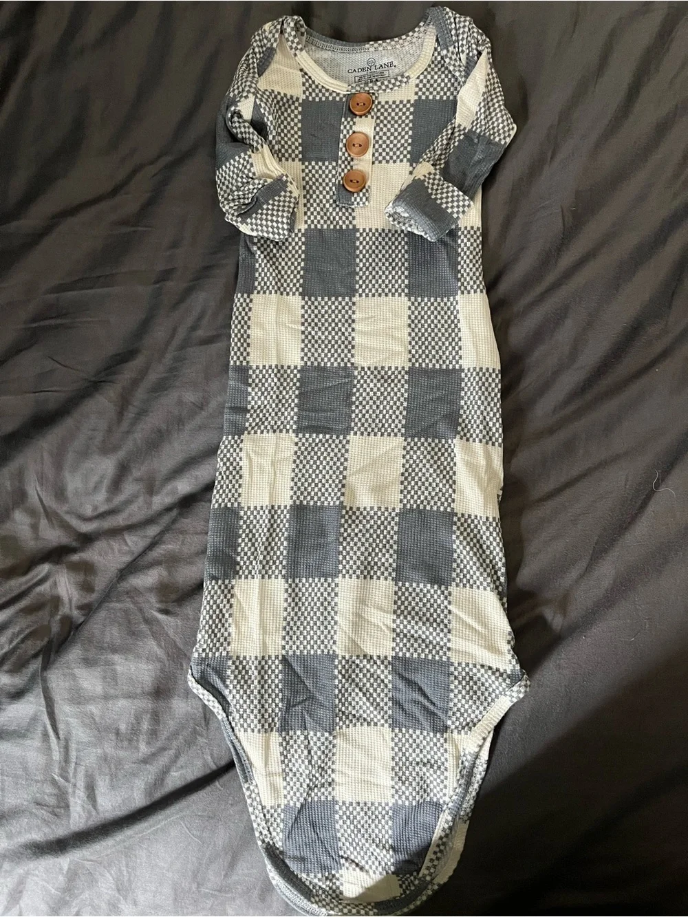 Caden Lane Knotted Gown & Hat (Denim & White Buffalo Check Waffle Pattern)